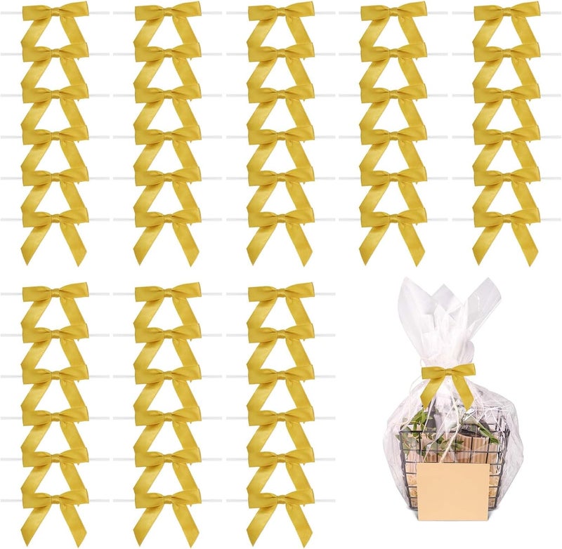 Sokfone Yellow Satin Ribbon Bows for Crafts Twist Tie Bow Decor 2.5" Premade Bows for Gift Wrapping Mini Bows Treat Bags Cake Pop Bows DIY Party Decorations - 50 Counts - Image 1